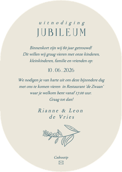 Uitnodiging 60 jaar jubileum ovaal met bloemenkrans Achterkant