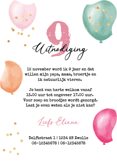 Uitnodiging 9 jaar meisje ballonnen confetti foto feest wave Achterkant