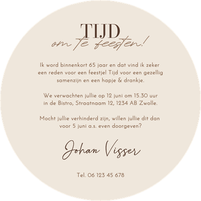 Uitnodiging beige tijd om te feesten klok stijlvol cirkel Achterkant