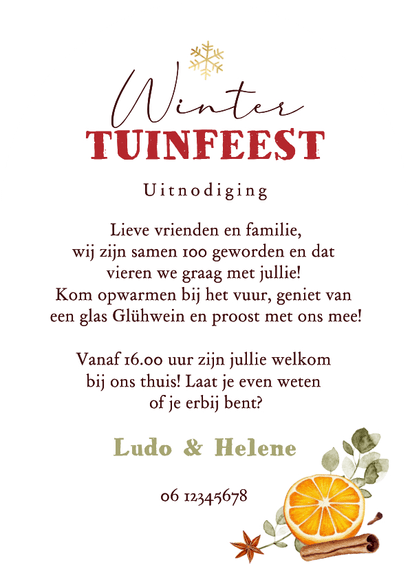 Uitnodiging boogkaart winter tuinfeestje glühwein samen 100 Achterkant