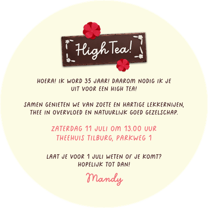 Uitnodiging cirkel kaart taart roze kersen high tea Achterkant