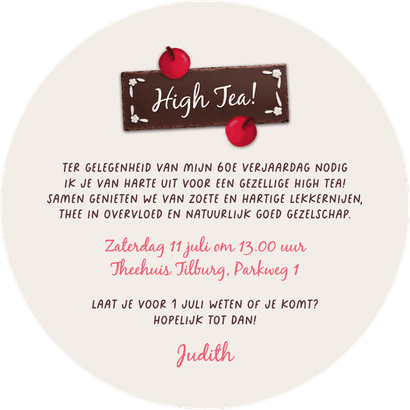 Uitnodiging cirkel kersenvlaai verjaardagsfeest high tea Achterkant