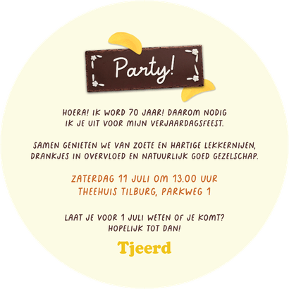 Uitnodiging cirkel taart citroen abrikoos feestje foto Achterkant