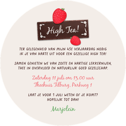 Uitnodiging cirkel taart verjaardagsfeest high tea Achterkant