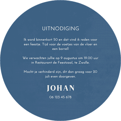 Uitnodiging cirkelvorm 50 feestje blauw vintage Achterkant
