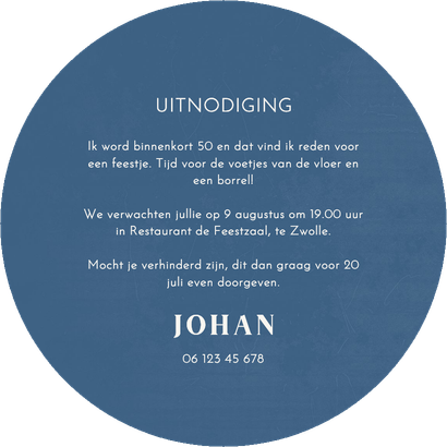 Uitnodiging cirkelvorm 50 feestje blauw vintage Achterkant