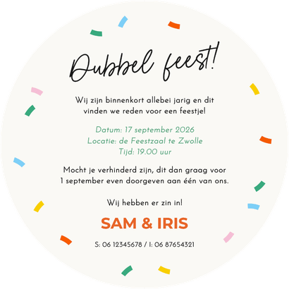 Uitnodiging cirkelvorm dubbel feest met kleurrijke confetti Achterkant