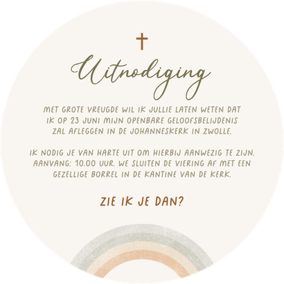 Uitnodiging cirkelvorm regenboog christelijk belijdenis Achterkant