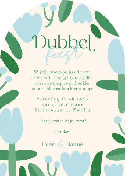Uitnodiging dubbel feest samen 70 tulpen foto's Achterkant