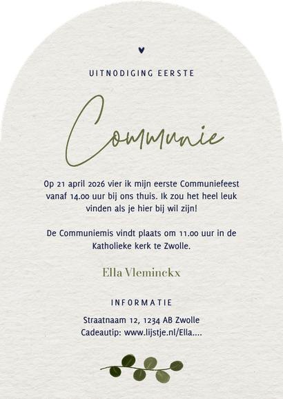 Uitnodiging eerste communie botanisch boog takjes foto Achterkant