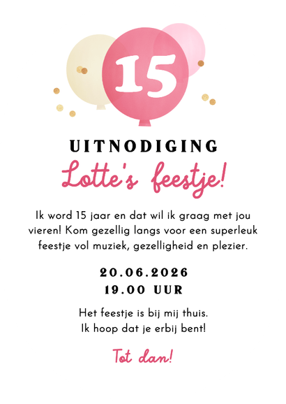 Uitnodiging feestje ballonnen confetti roze goud Achterkant
