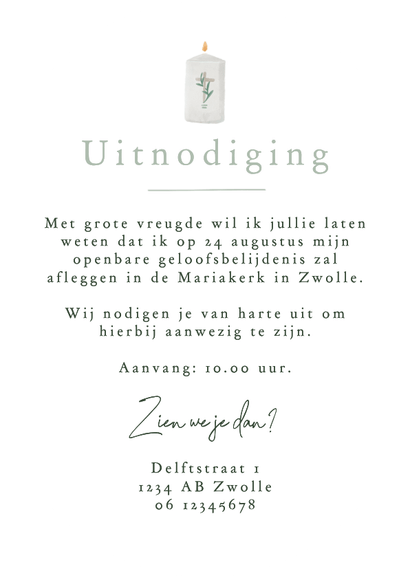 Uitnodiging geloofsbelijdenis witte duif christelijk Achterkant