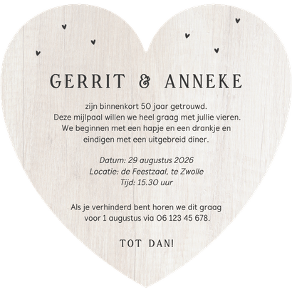 Uitnodiging hartvorm 50 jaar getrouwd fotocollage hout Achterkant
