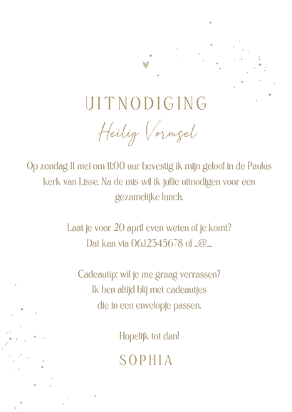 Uitnodiging heilig vormsel duif beige hartjes boog vorm Achterkant