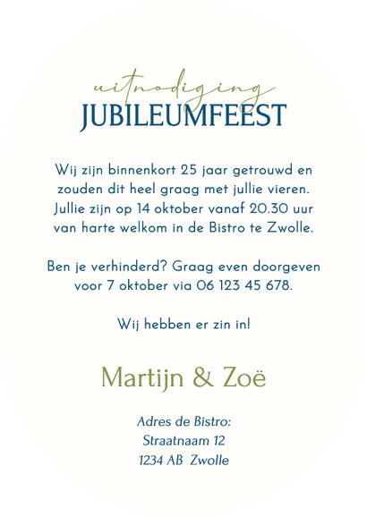Uitnodiging jubileum 25 jaar in blauwe bloemen ovaal Achterkant