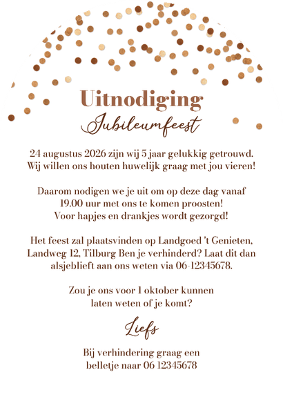 Uitnodiging jubileum boogkaart 5 jaar houten huwelijk Achterkant