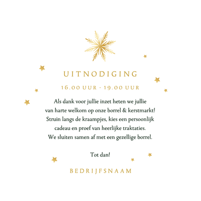Uitnodiging kerstborrel kerstbal sneeuw sterren goud Achterkant