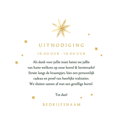 Uitnodiging kerstborrel kerstbal sneeuw sterren goud Achterkant