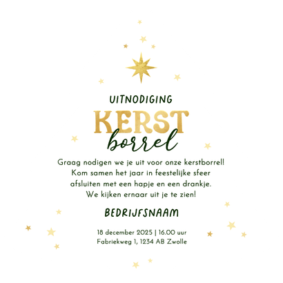 Uitnodiging kerstborrel zakelijk kerstboom vrolijk champagne Achterkant