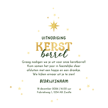 Uitnodiging kerstborrel zakelijk kerstboom vrolijk champagne Achterkant