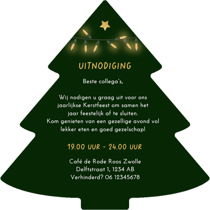 Uitnodiging kerstfeest zakelijk kerstboom lampjes feestje Achterkant