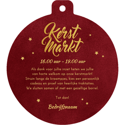 Uitnodiging kerstmarkt vorm kerstbal rood sterren  Achterkant
