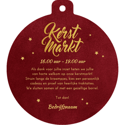 Uitnodiging kerstmarkt vorm kerstbal rood sterren Achterkant