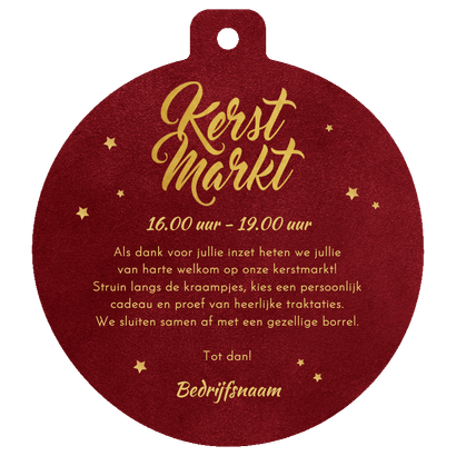 Uitnodiging kerstmarkt vorm kerstbal rood sterren Achterkant
