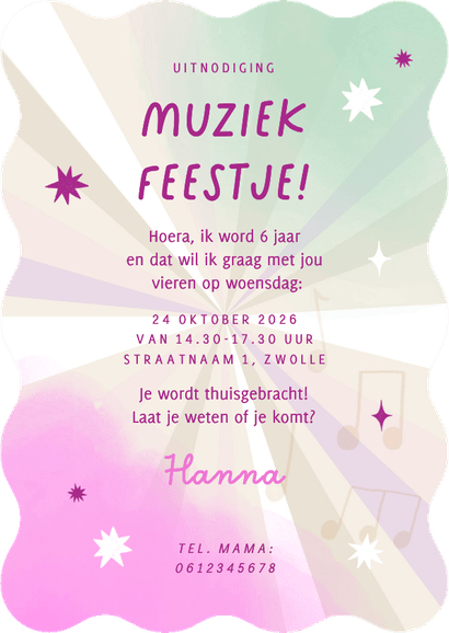 Uitnodiging kinder muziekfeestje roze glitter microfoon Achterkant