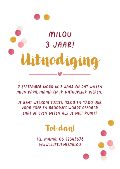 Uitnodiging kinderfeestje boogvorm confetti roze goud foto Achterkant