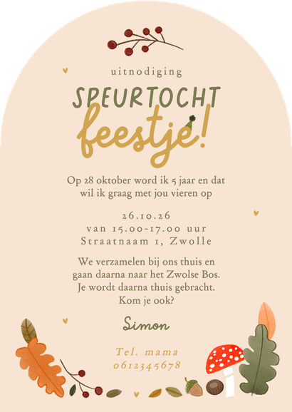 Uitnodiging kinderfeestje speurtocht feestje bos herfst goud Achterkant