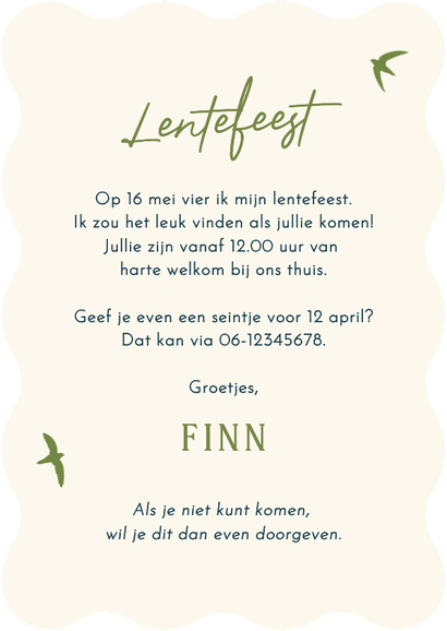 Uitnodiging lentefeest blauwe streep groene vogeltjes Achterkant