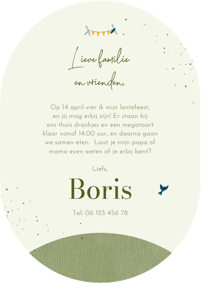 Uitnodiging lentefeest boom en aardbol met 2 foto's Achterkant