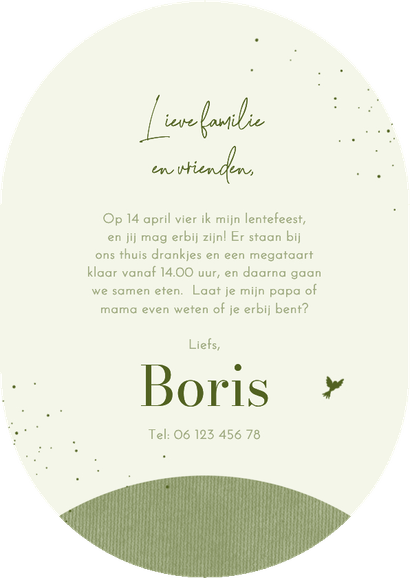 Uitnodiging lentefeest boom en aardbol met 2 foto's Achterkant