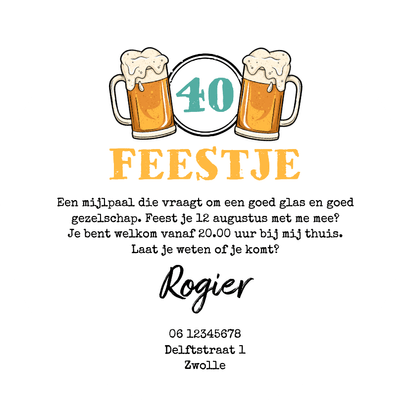 Uitnodiging man 40 jaar bierviltje ronde kaart foto Achterkant