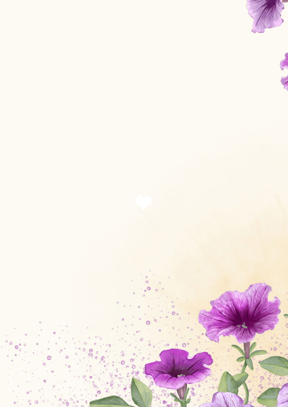 Uitnodiging met paarse petunia's Achterkant