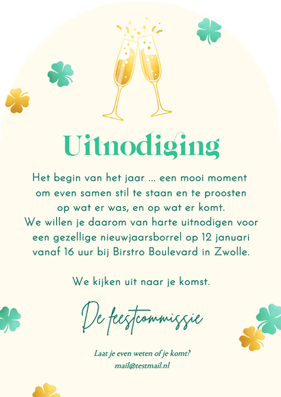 Uitnodiging nieuwjaarsborrel boogvorm champagneglazen Achterkant