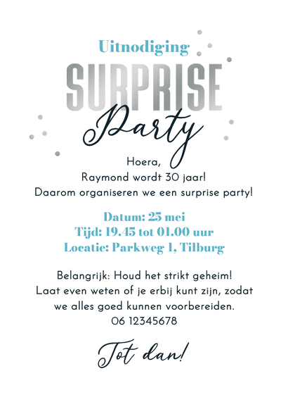 Uitnodiging pilvorm surprise party ballonnen shhh Achterkant