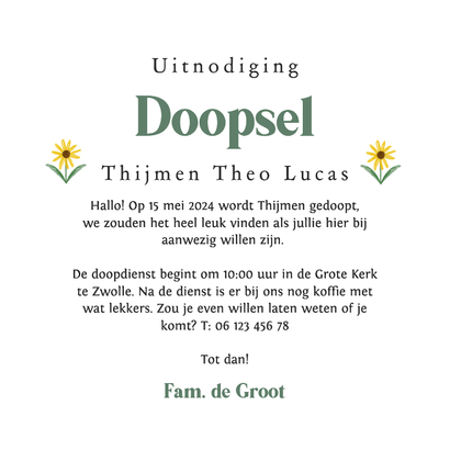 Uitnodiging rond doopsel bloemetjes lente Achterkant