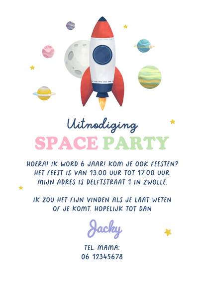Uitnodiging space party astronaut ruimte sterren feestje Achterkant