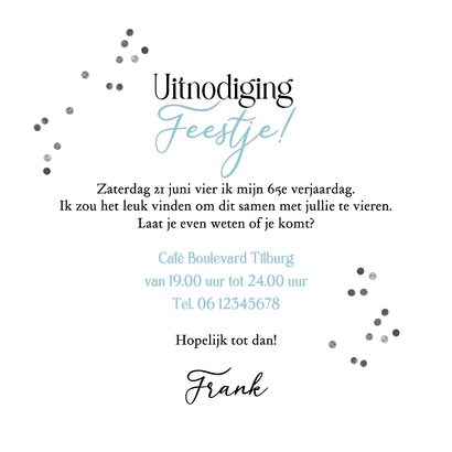 Uitnodiging verjaardag 65 jaar slingers confetti zilver foto Achterkant