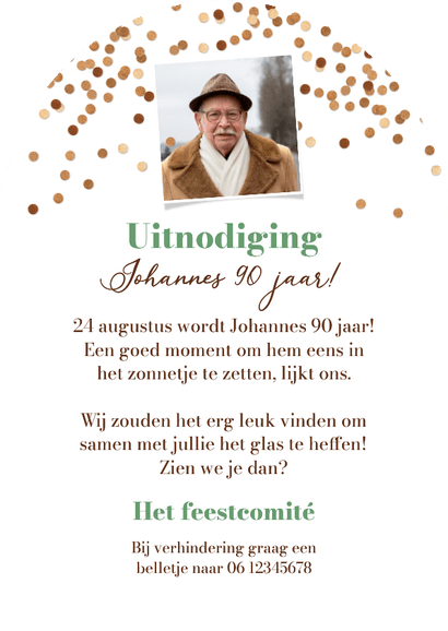 Uitnodiging verjaardag 90 vintage houten cijfers confetti Achterkant