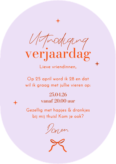 Uitnodigingskaart ovaal lila oranje strik vrouw verjaardag Achterkant