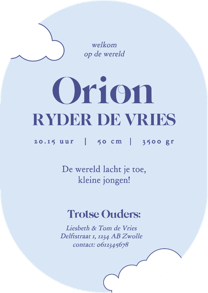 Uniek geboortekaartje blauw met zon met gezichtje Achterkant