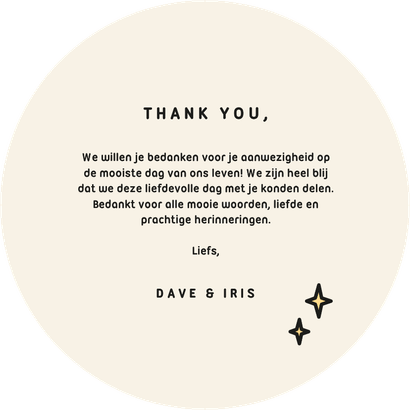 Unieke ronde trouwkaart bedankt in tattoo stijl Achterkant