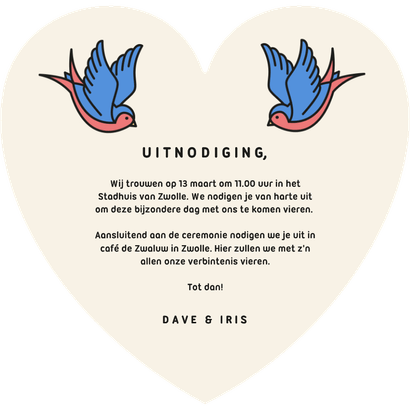 Unieke trouwkaart hartje met tattoo stijl vogels Achterkant