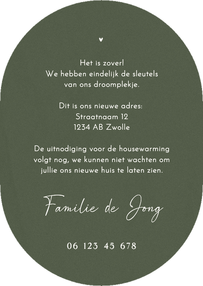 Verhuiskaart lijntekening handen sleutels ovaalvorm groen Achterkant