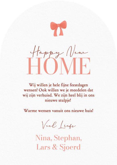 Verhuiskaartje in boog vorm kerst met rood strikje Achterkant