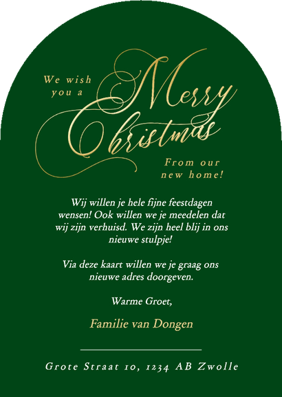 Verhuiskaartje kerst met foto new home boog groen Achterkant