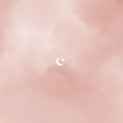 Vierkant geboortekaartje roze wolkjes met maan hartjes goud Achterkant